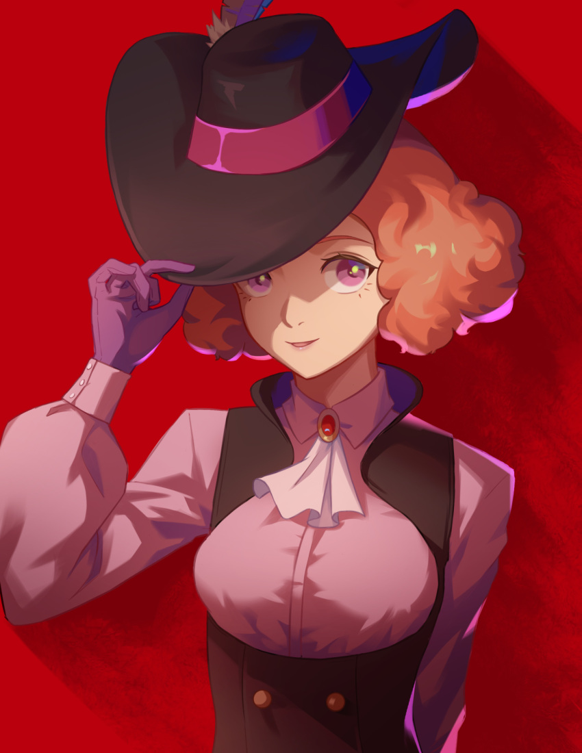1girl :d ascot black_headwear brown_hair collared_shirt dress_shirt gloves hat hat_feather highres looking_at_viewer okumura_haru open_mouth persona persona_5 pink_shirt purple_gloves red_background reveen shirt smile solo underbust upper_body violet_eyes white_ascot wing_collar