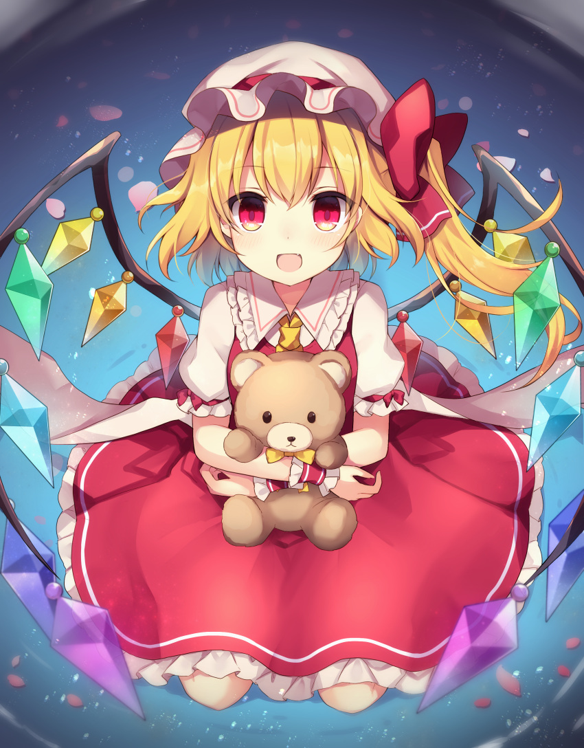 1girl absurdres blonde_hair blush fang flandre_scarlet hat highres holding holding_stuffed_toy looking_at_viewer mob_cap open_mouth puffy_short_sleeves puffy_sleeves red_eyes ruhika seiza short_hair short_ponytail short_sleeves side_ponytail sitting smile solo stuffed_animal stuffed_toy teddy_bear touhou wings