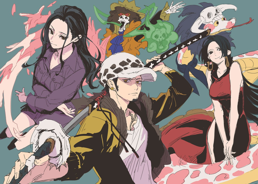2boys 2girls afro black_eyes black_footwear black_hair boa_hancock breasts brook_(one_piece) brown_eyes brown_hair coat colored_sclera dress earrings facial_hair feather_boa forehead goatee hat holding holding_weapon horns isshoku_(shiki) jewelry long_hair looking_at_viewer multiple_boys multiple_girls multiple_hands nico_robin one_piece purple_coat python red_dress salome_(one_piece) shirt short_hair sideburns skull sleeveless sleeveless_dress snake tongue tongue_out trafalgar_law weapon white_shirt yellow_eyes