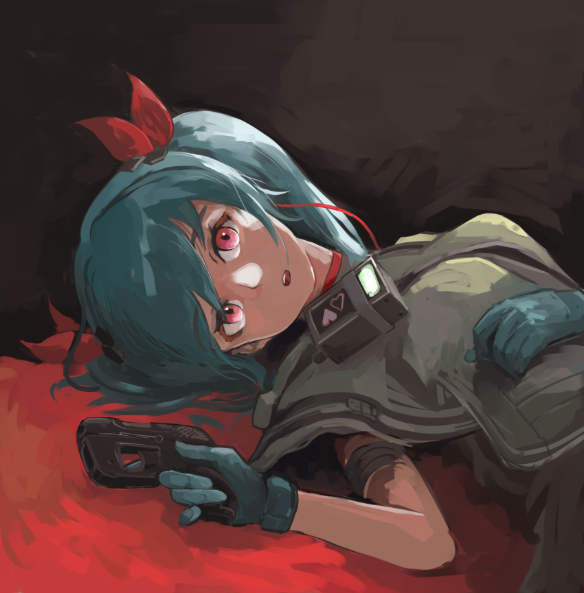 1girl absurdres blue_gloves blue_hair colphne_(girls'_frontline_2) girls'_frontline_2:_exilium girls_frontline gloves gun hair_ribbon handgun highres holding holding_gun holding_weapon looking_at_viewer lying ohyatupuru on_back parted_lips red_eyes red_ribbon ribbon simple_background solo taurus_curve twintails upper_body weapon