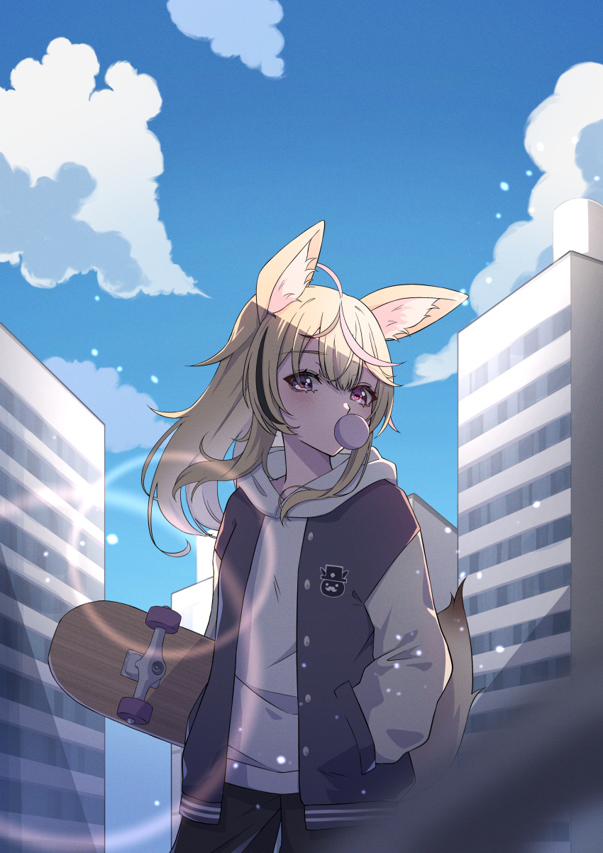 1girl absurdres ahoge akashi_(4kc_27) alternate_costume alternate_hairstyle animal_ear_fluff animal_ears black_pants black_vest blonde_hair blue_sky building chewing_gum city clouds commentary cowboy_shot day film_grain fox_ears fox_girl fox_tail hand_in_pocket heart heart-shaped_pupils highres holding holding_skateboard hololive hood hood_down hoodie layered_clothes lens_flare light_particles long_sleeves looking_at_viewer medium_hair multicolored_hair omaru_polka open_clothes open_vest outdoors pants pink_hair shade sidelocks skateboard sky solo standing streaked_hair sunlight symbol-shaped_pupils tail vest violet_eyes virtual_youtuber white_hoodie zain_(omaru_polka)