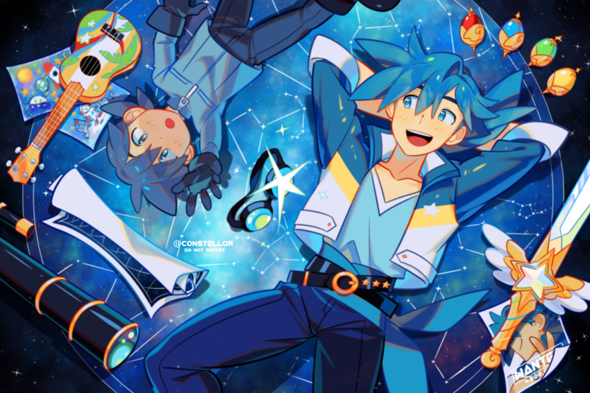 2boys arms_behind_head arms_up artist_name blue_eyes blue_hair blue_pants blue_shirt collarbone constellor goggles highres jacket long_sleeves looking_at_another multiple_boys open_mouth original pants parted_lips shirt short_hair sword teeth telescope upper_teeth_only weapon