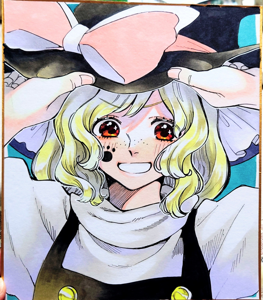 animal_hands black_vest blonde_hair blue_background blush buttons facial_tattoo freckles frilled_hat frills hands_on_own_head hands_up hat hat_ribbon highres holding holding_clothes holding_hat kirisame_marisa long_hair nail orange_eyes paw_print pink_ribbon ribbon shirt simple_background smile tattoo teeth touhou traditional_media turtleneck vest white_shirt whoru witch_hat