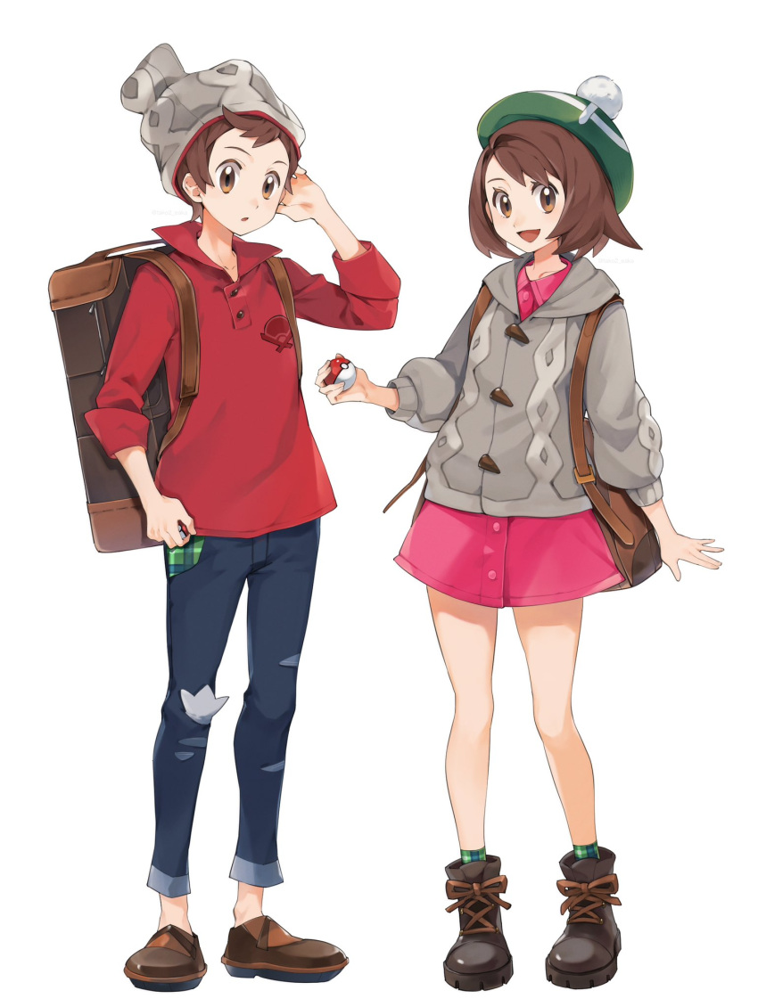 1boy 1girl :d backpack bag beanie bob_cut boots brown_bag brown_eyes brown_footwear brown_hair buttons cable_knit cardigan collared_dress commentary denim dress full_body gloria_(pokemon) green_headwear green_socks grey_cardigan grey_headwear hand_up hat highres holding holding_poke_ball hooded_cardigan jeans open_mouth pants pink_dress plaid plaid_socks poke_ball poke_ball_(basic) pokemon pokemon_(game) pokemon_swsh red_shirt shirt shoes short_hair simple_background sleeves_rolled_up smile socks standing symbol-only_commentary tako2_eaka tam_o'_shanter torn_clothes torn_jeans torn_pants victor_(pokemon) white_background