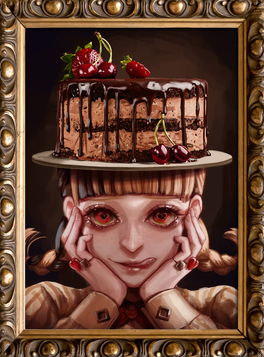 1girl absurdres black_background blunt_bangs braid cake cherry chocolate_icing food food_focus food_on_head freckles fruit hands_on_own_cheeks hands_on_own_face heart heart-shaped_pupils highres jewelry licking_lips long_sleeves looking_at_viewer object_on_head original picture_frame plate portrait red_eyes ring solo strawberry symbol-shaped_pupils tainosuke tongue tongue_out twin_braids