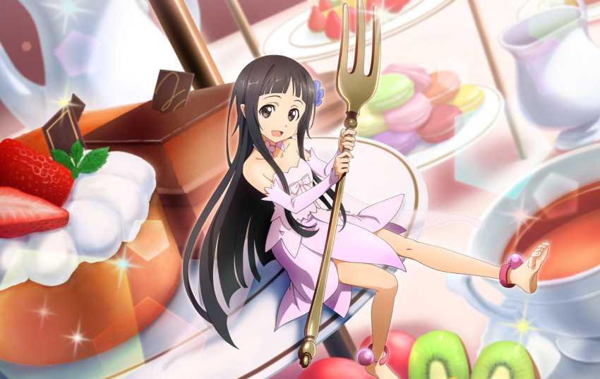 1girl barefoot black_hair blue_flower blunt_bangs detached_sleeves dress flower fork from_above hair_flower hair_ornament holding holding_fork lens_flare long_hair long_sleeves pink_dress pink_sleeves pointy_ears short_dress sitting solo sparkle strapless strapless_dress sword_art_online very_long_hair yui_(sao-alo)