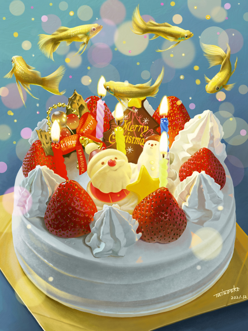 absurdres blue_background cake candle christmas christmas_cake dated fish food food_focus fruit guppy_(fish) highres icing merry_christmas no_humans original plate santa_claus signature snowman star_(symbol) strawberry tainosuke