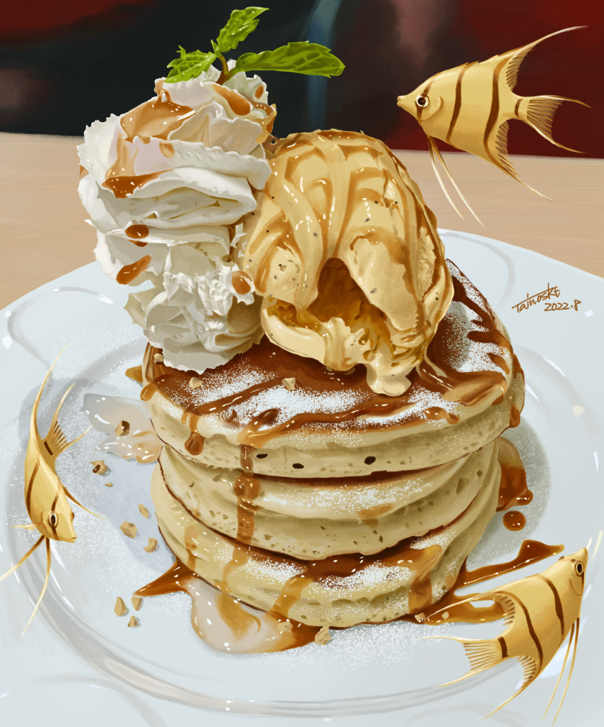 absurdres angelfish dated fish floating food food_focus highres ice_cream leaf no_humans original pancake pancake_stack plate signature syrup tainosuke tropical_fish whipped_cream