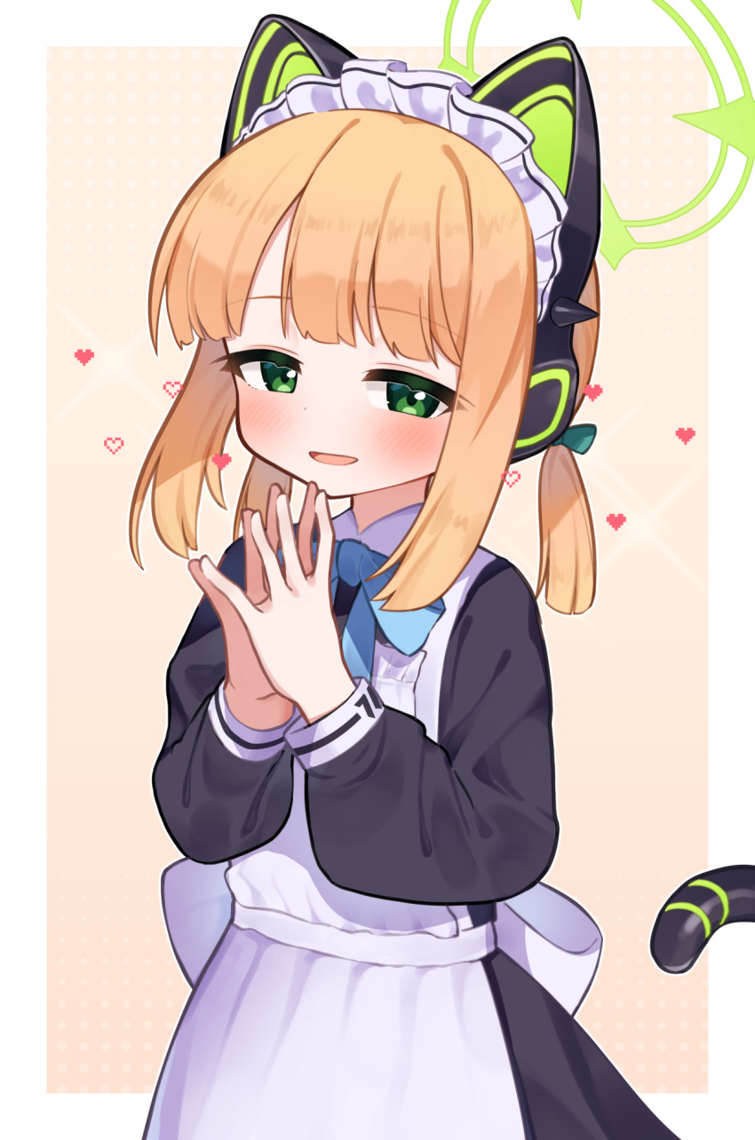 1girl animal_ear_headphones animal_ears apron black_dress blonde_hair blue_archive blue_bow blue_bowtie blush bow bowtie cat_ear_headphones cat_tail cowboy_shot dress fake_animal_ears fake_tail green_bow green_eyes green_halo hair_bow halo headphones heart highres long_sleeves maid maid_apron maid_headdress midori_(blue_archive) midori_(maid)_(blue_archive) parted_lips puffy_long_sleeves puffy_sleeves short_hair solo steepled_fingers tail twintails waon_(43ctw) white_apron