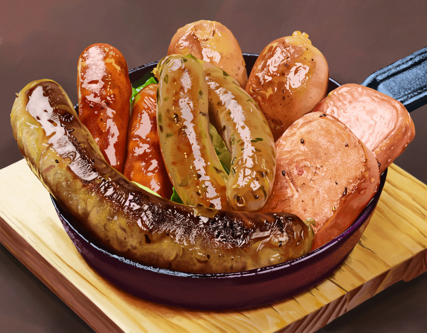 brown_background food food_focus frying_pan highres meat no_humans original sausage tainosuke wood