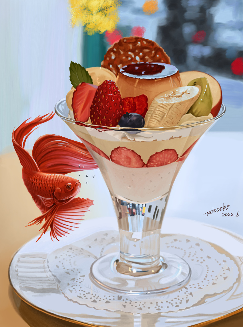 absurdres banana banana_slice blueberry blurry blurry_background bubble dated fish floating food food_focus fruit highres leaf no_humans original parfait plate pudding raspberry reflection shadow signature strawberry strawberry_slice surreal tainosuke