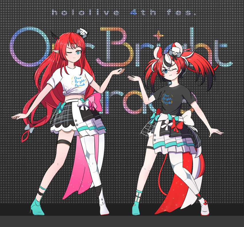 2girls :3 animal_ears aqua_eyes asymmetrical_footwear black_hair blue_eyes bow breasts commentary crinoline english_commentary hair_between_eyes hair_bow hakos_baelz high_heels highres hololive hololive_english hololive_idol_uniform_(bright) horns irys_(hololive) long_hair low-tied_long_hair medium_breasts miniskirt mismatched_footwear mouse_ears mouse_girl mouse_tail multicolored_hair multiple_girls one_eye_closed pointy_ears redhead shirt single_thighhigh skirt streaked_hair tail tensutensu thigh-highs tied_shirt tilted_headwear twintails virtual_youtuber white_hair