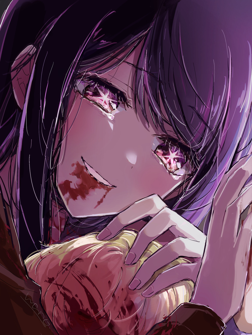 1boy 1girl absurdres blonde_hair blood blood_from_mouth blood_on_face commentary_request crying crying_with_eyes_open dying highres hoshino_ai_(oshi_no_ko) hoshino_aquamarine mother_and_son oshi_no_ko purple_hair sidelocks signature smile spoilers star-shaped_pupils star_(symbol) swept_bangs symbol-shaped_pupils tears violet_eyes wano_(azayakam)