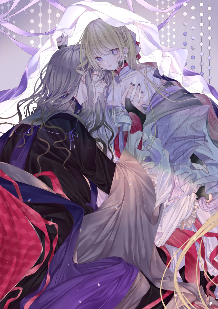 1boy 1girl absurdly_long_hair absurdres age_difference bishounen black_nails black_robe blonde_hair braid bridal_gauntlets bridal_legwear couple expressionless hand_on_another's_chest hetero highres long_hair looking_at_viewer msa_(fary_white) original parted_lips profile red_pupils robe slit_pupils veil very_long_hair violet_eyes white_eyes