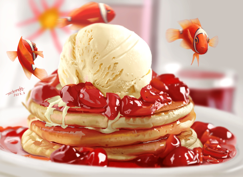 absurdres blurry blurry_background cherry clownfish dated depth_of_field fish floating food food_focus fruit highres ice_cream no_humans original pancake pancake_stack plate signature surreal syrup tainosuke tropical_fish