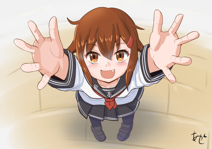 1girl akashieru anchor_symbol artist_logo artist_name black_pantyhose black_sailor_collar black_skirt commentary_request fang foreshortening from_above full_body highres ikazuchi_(kancolle) kantai_collection looking_at_viewer neckerchief open_mouth pantyhose pleated_skirt reaching reaching_towards_viewer red_neckerchief sailor_collar sailor_shirt shirt signature skirt smile solo white_shirt