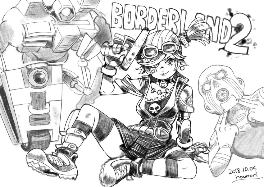 1boy 1girl bandaid bandaid_on_face borderlands_(series) borderlands_2 breasts choker closed_mouth dated full_body gaige gloves goggles greyscale gun hounori jewelry looking_at_viewer mask monochrome short_hair simple_background skirt smile thigh-highs twintails weapon white_background