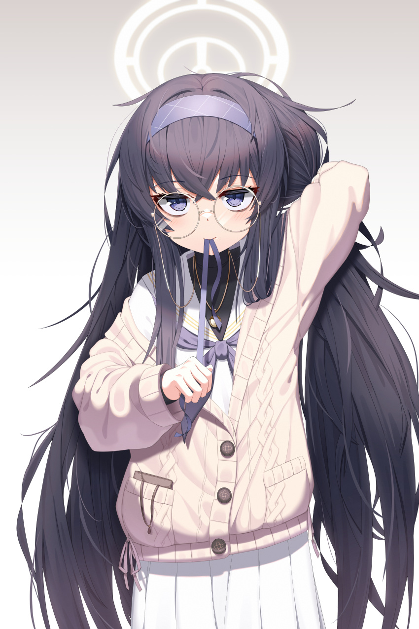 1girl absurdres ahoge bags_under_eyes black_hair blue_archive cardigan di_le_to gradient_background hair_between_eyes hairband highres holding long_hair long_sleeves looking_at_viewer messy_hair mouth_hold neck_ribbon pleated_skirt ribbon ribbon_in_mouth school_uniform skirt solo sweater ui_(blue_archive) very_long_hair violet_eyes white_hairband