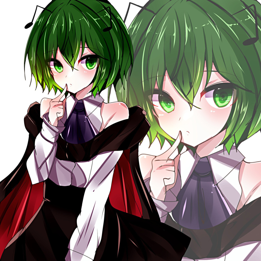 1girl adapted_costume ascot bare_shoulders black_ascot black_cape black_skirt blush body_blush cape closed_mouth clothing_cutout collared_shirt commentary_request cowboy_shot expressionless finger_to_cheek flat_chest green_eyes green_hair hair_between_eyes high-waist_skirt highres long_bangs long_sleeves looking_at_viewer red_cape shirt short_hair shoulder_cutout simple_background skirt solo sora_hikage touhou two-sided_cape two-sided_fabric white_background white_shirt wriggle_nightbug zoom_layer