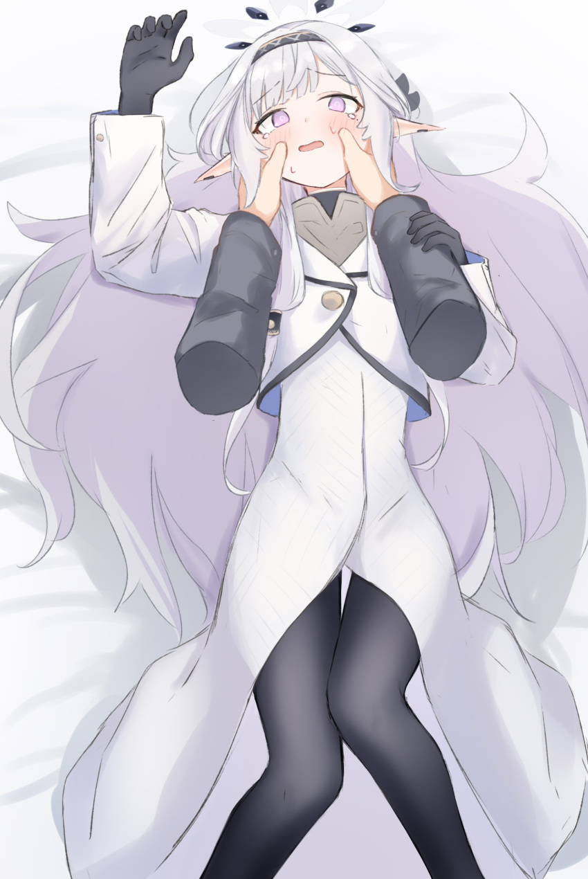 1girl absurdres bed_sheet black_gloves black_hairband blue_archive blush cheek_squash disembodied_limb gloves grey_hair hair_tubes hairband halo highres himari_(blue_archive) jacket long_hair long_sleeves looking_at_viewer lying mole mole_under_eye on_back open_mouth pointy_ears riya_(01214) solo_focus tearing_up violet_eyes white_jacket