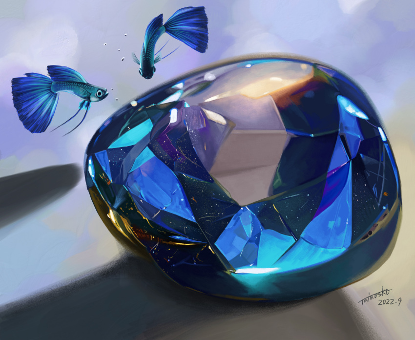 absurdres blue_gemstone blurry blurry_background bubble dated fish floating gem guppy_(fish) highres no_humans original shadow signature surreal tainosuke
