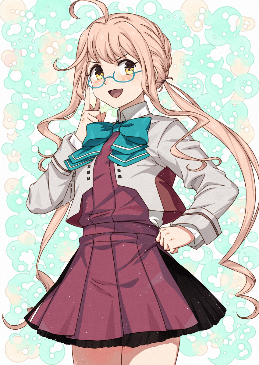 1girl absurdres ahoge aqua_bow aqua_bowtie blush bow bowtie commentary_request commission dress glasses grey_jacket highres index_finger_raised jacket kanmiya_shinobu kantai_collection long_hair low_twintails makigumo_(kancolle) makigumo_kai_ni_(kancolle) open_mouth purple_dress sidelocks simple_background skeb_commission solo twintails very_long_hair yellow_eyes