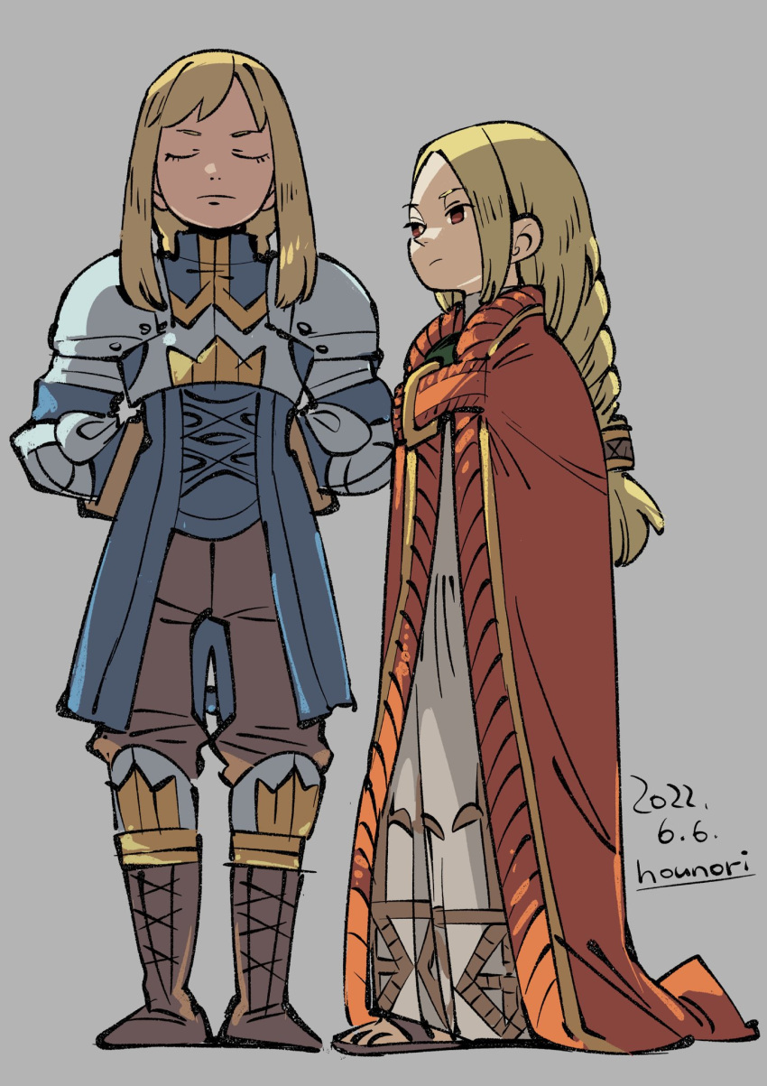 2girls agrias_oaks armor blonde_hair braid braided_ponytail closed_mouth dated final_fantasy final_fantasy_tactics full_body grey_background highres hounori long_hair multiple_girls ovelia_atkascha shoulder_armor simple_background single_braid