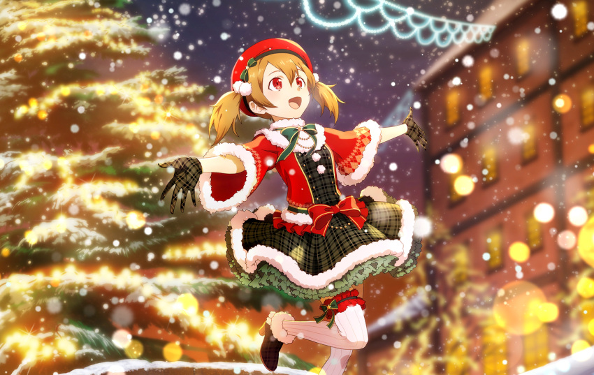 1girl :d alternate_costume blurry blurry_background bow brown_hair christmas_tree dress fur-trimmed_sleeves fur_trim gloves green_bow grey_gloves hair_between_eyes hat hat_bow layered_dress lens_flare long_hair looking_up open_mouth outstretched_arms plaid plaid_dress plaid_gloves red_eyes red_headwear short_dress short_twintails silica smile snowing solo standing standing_on_one_leg striped striped_thighhighs sword_art_online thigh-highs twintails vertical-striped_thighhighs vertical_stripes white_thighhighs winter