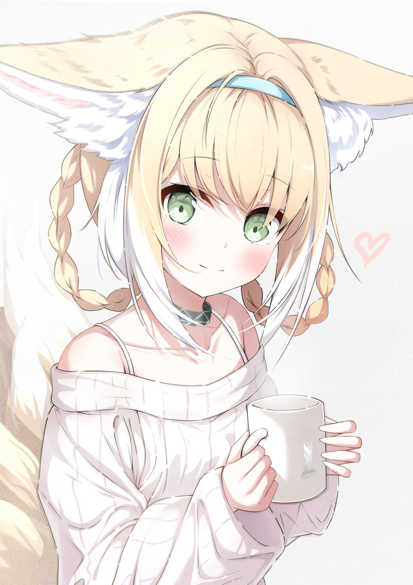 1girl absurdres alternate_costume animal_ear_fluff animal_ears arknights bare_shoulders black_collar blonde_hair blue_hairband blush braid chromatic_aberration closed_mouth coffee_mug collar collarbone commentary_request cup dot_nose emimeku fox_ears fox_girl fox_tail green_eyes grey_background hairband head_tilt heart highres holding holding_cup infection_monitor_(arknights) kitsune kyuubi long_bangs long_hair long_sleeves looking_at_viewer mug multicolored_hair multiple_tails off-shoulder_sweater off_shoulder rhodes_island_logo ribbed_sweater simple_background smile solo spaghetti_strap split_mouth suzuran_(arknights) sweater tail twin_braids two-tone_hair upper_body white_hair white_sweater wide_sleeves
