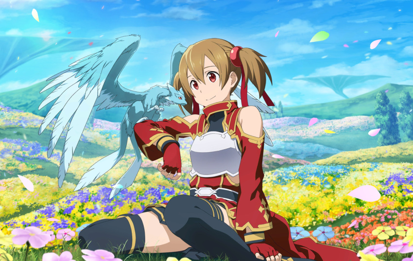 1girl armor black_skirt black_thighhighs blue_sky breastplate brown_hair closed_mouth clothing_cutout clouds day field fingerless_gloves flower flower_field gloves hair_between_eyes hair_ribbon long_hair long_sleeves miniskirt outdoors pina_(sao) pleated_skirt red_eyes red_gloves red_ribbon ribbon shoulder_cutout silica sitting skirt sky smile solo sword_art_online thigh-highs twintails zettai_ryouiki