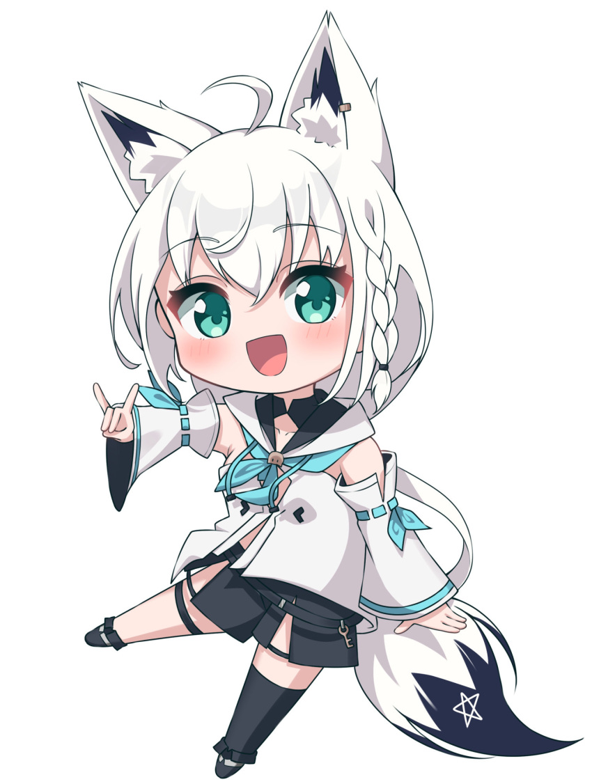 1girl ahoge aica_61 animal_ear_fluff animal_ears black_footwear black_shorts black_thighhighs blue_neckerchief blush braid chibi commentary_request detached_sleeves earrings fox_ears fox_girl fox_shadow_puppet fox_tail green_eyes hair_between_eyes highres hololive hood hoodie jewelry long_hair looking_at_viewer neckerchief open_mouth outstretched_arm pentagram shirakami_fubuki short_shorts shorts sidelocks simple_background single_braid single_thighhigh solo tail thigh-highs thigh_strap virtual_youtuber white_background white_hair white_hoodie