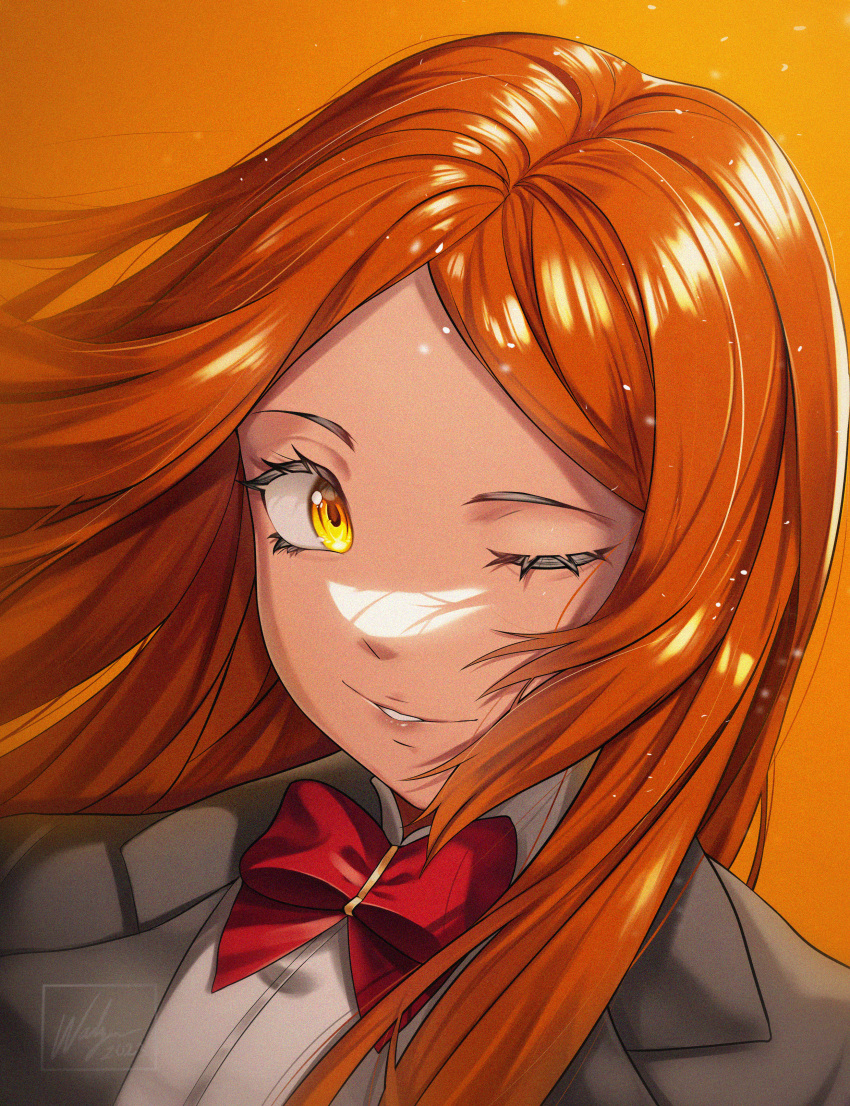 1girl absurdres blazer bleach bow bowtie dress_shirt eyelashes floating_hair highres inoue_orihime jacket long_hair looking_at_viewer one_eye_closed orange_background orange_hair parted_bangs parted_lips portrait red_bow red_bowtie school_uniform shirt smile solo straight_hair waligner white_shirt yellow_eyes