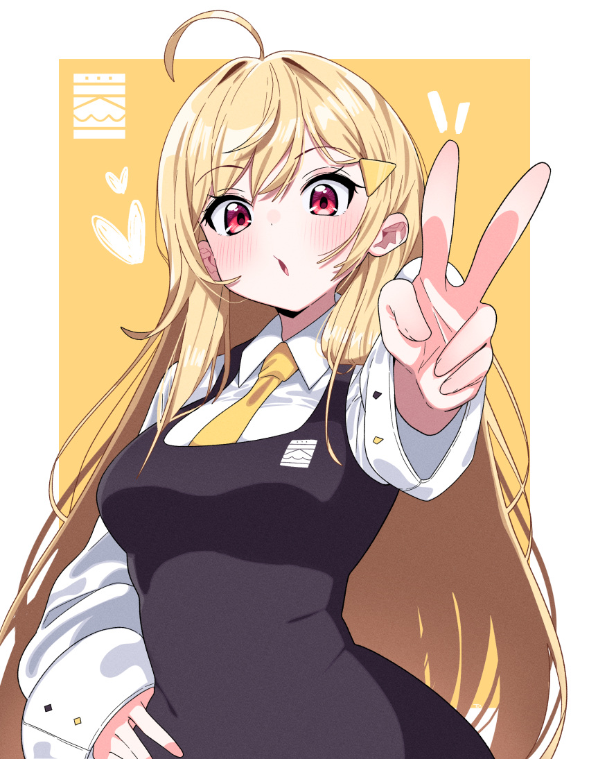1girl absurdres ahoge black_dress blonde_hair blush breasts dress hair_ornament hairclip hand_on_own_hip heart highres jingburger long_hair long_sleeves medium_breasts necktie red_eyes solo tosyeo two-tone_background v waktaverse white_background white_sleeves yellow_background yellow_necktie