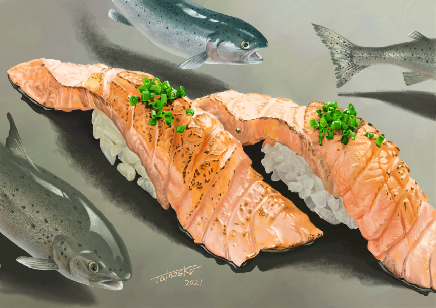 absurdres animal_focus dated fish fish_(food) food food_focus grey_background highres no_humans original rice sashimi shadow signature sushi tainosuke