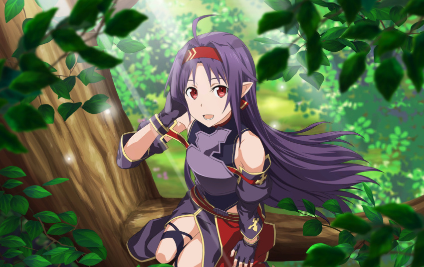 1girl :d ahoge armor black_leotard breastplate day detached_sleeves fingerless_gloves floating_hair front_slit gloves hairband hand_in_own_hair in_tree leotard long_hair long_sleeves looking_at_viewer open_mouth outdoors pointy_ears purple_gloves purple_hair purple_skirt purple_sleeves red_eyes red_hairband sitting sitting_in_tree skirt smile solo sword_art_online thigh_strap tree very_long_hair yuuki_(sao)