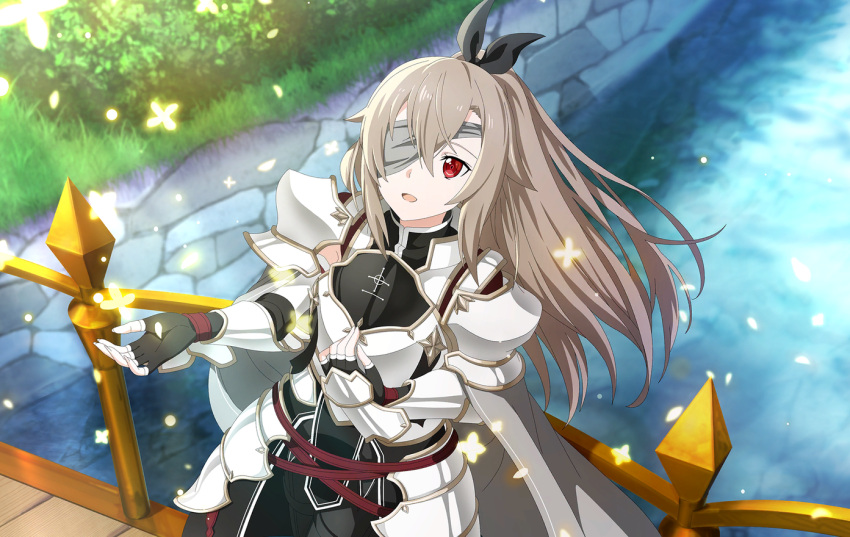 1girl :d armor armored_dress black_gloves black_hairband day eydis_(sao) eyepatch faulds fingerless_gloves floating_hair from_below gloves grey_hair hairband long_hair looking_up open_mouth outdoors red_eyes shoulder_armor smile solo standing sword_art_online