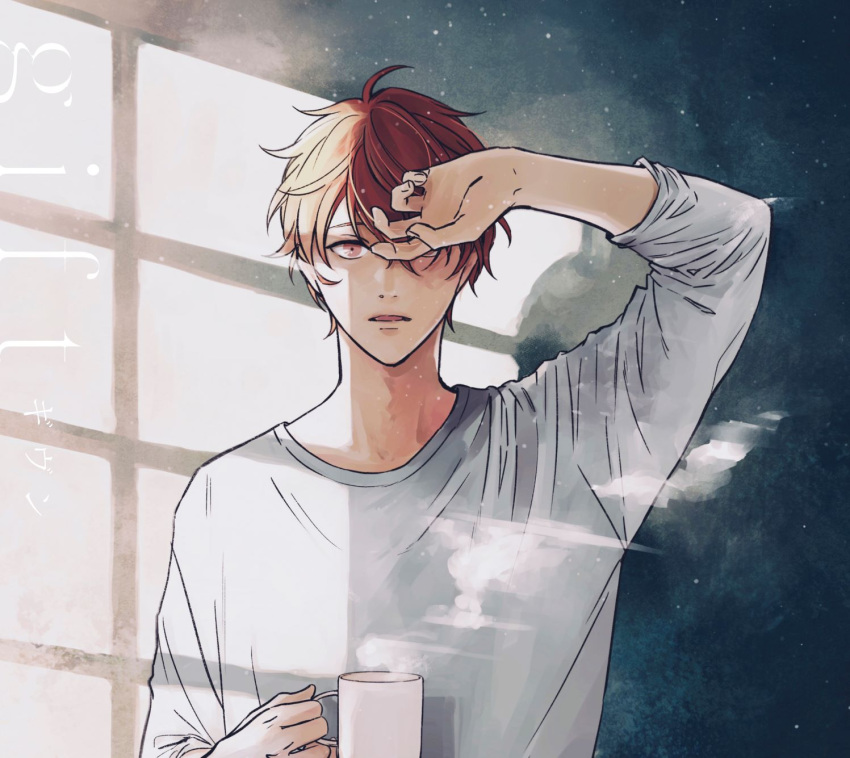 1boy album_cover bishounen cover cup english_text given hand_on_own_head highres kizu_natsuki long_sleeves male_focus mug official_art open_mouth red_eyes redhead satou_mafuyu second-party_source solo steam sunlight sweater white_sweater window_shade