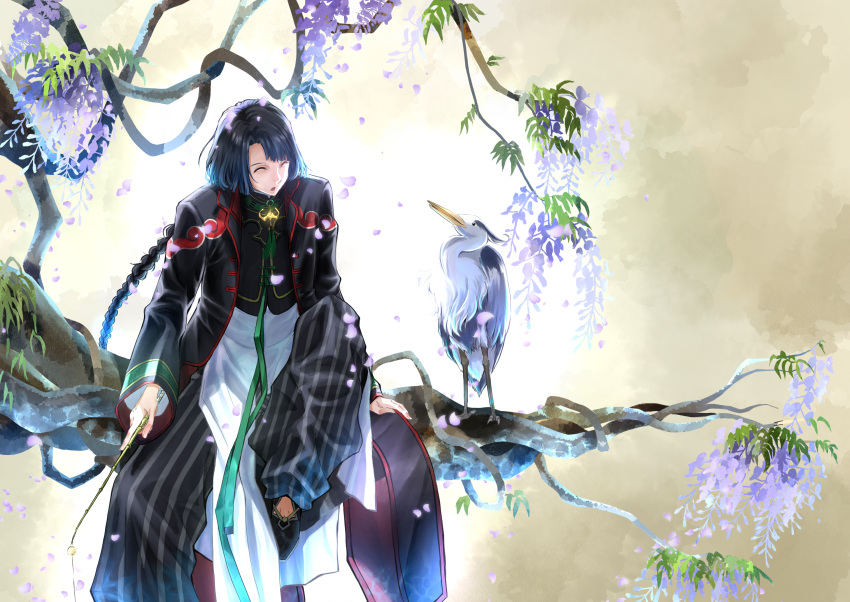 1boy :o ^_^ bird black_coat black_footwear black_hair black_jacket black_pants blunt_bangs blunt_ends braid closed_eyes cloud_print coat falling_petals fate/grand_order fate_(series) fishing_rod flats flower foot_out_of_frame green_ribbon heron highres holding holding_fishing_rod in_tree jacket knee_up long_hair long_sleeves looking_at_animal male_focus open_clothes open_coat pants parted_bangs petals puffy_pants purple_flower ribbon robe single_braid sitting sitting_in_tree solo striped striped_pants tai_gong_wang_(fate) tree user_ccpx7842 vertical-striped_pants vertical_stripes white_robe wisteria yellow_background