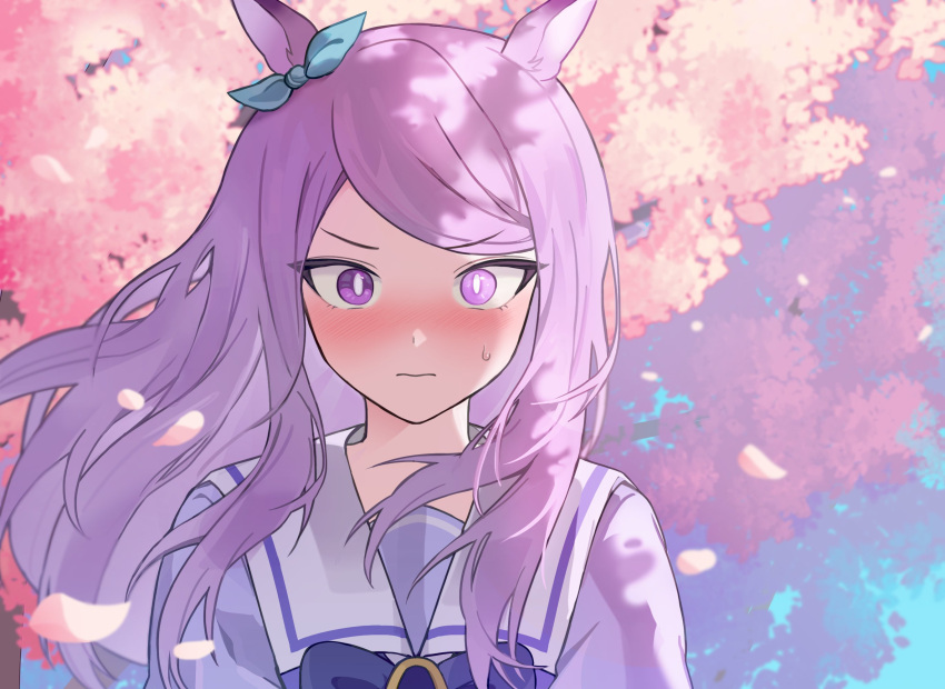 1girl animal_ears blush bow bowtie bright_pupils cherry_blossoms closed_mouth ear_bow floating_hair highres horse_ears long_hair looking_at_viewer mejiro_mcqueen_(umamusume) nose_blush outdoors petals purple_hair purple_shirt sailor_collar shirt solo sweat tree umamusume unneul upper_body violet_eyes white_pupils wind