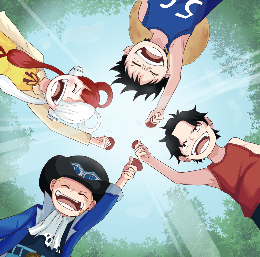 1girl 3boys absurdres black_hair blonde_hair blush closed_eyes freckles goggles goggles_on_headwear hair_over_one_eye hat hat_removed headwear_removed highres kinakomochi771 long_hair monkey_d._luffy multicolored_hair multiple_boys one_piece open_mouth portgas_d._ace sabo_(one_piece) short_hair smile straw_hat top_hat two-tone_hair uta_(one_piece)