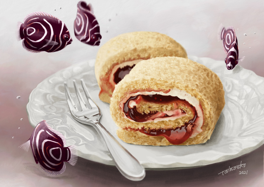 absurdres bubble cake dated fish food food_focus fork gradient_background highres no_humans original pastry plate shadow signature swiss_roll tainosuke