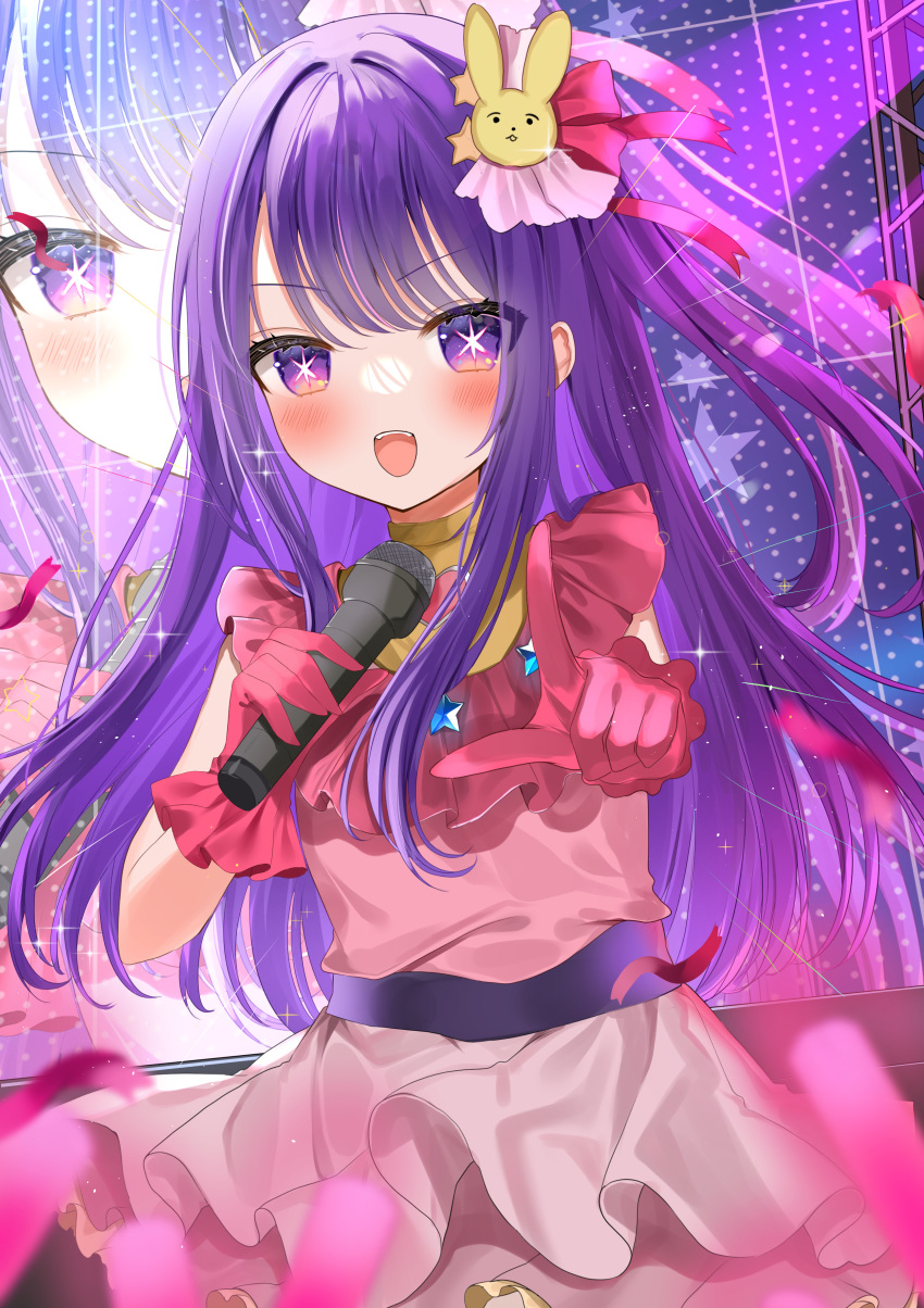 1girl absurdres belt black_belt blush commentary dress frilled_dress frilled_gloves frills gloves glowstick hair_ornament highres holding holding_microphone hoshino_ai_(oshi_no_ko) idol long_hair microphone okome2028 one_side_up open_mouth oshi_no_ko pink_dress pink_gloves pink_ribbon pointing pointing_at_viewer purple_hair rabbit_hair_ornament ribbon sidelocks solo sparkle star_(symbol) star_hair_ornament teeth turtleneck_dress violet_eyes