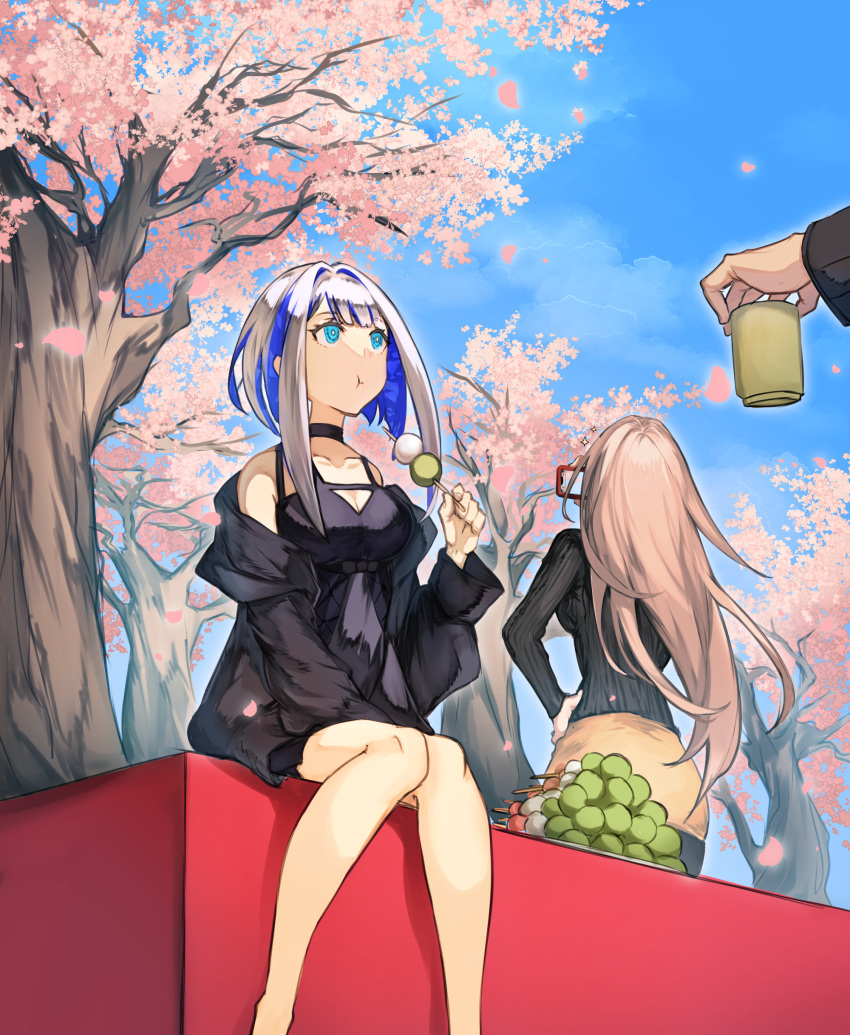 1boy 2girls absurdres alternate_costume aslaug_(fate) bare_shoulders black_choker black_dress black_jacket black_sweater blue_eyes blue_hair blue_sky breasts casual cellphone cherry_blossoms choker clouds collarbone commentary_request cup dango dress eating fate:lost_einherjar fate_(series) floating_hair flower food grey_hair hand_on_own_hip highres holding holding_cup holding_food holding_phone jacket kashia long_hair medium_breasts multicolored_hair multiple_girls off-shoulder_jacket off_shoulder out_of_frame outdoors pencil_skirt petals phone pink_flower pink_hair pout ragnar_lodbrok_(fate) remina_eltfrom_yggdmillennia ribbed_sweater short_hair sitting skirt sky sweater tree two-tone_hair wagashi yellow_skirt