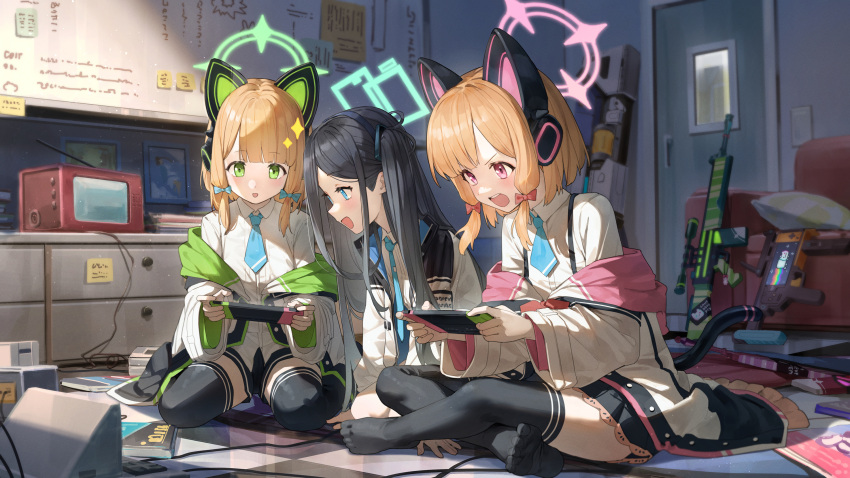 3girls animal_ear_headphones animal_ears aris_(blue_archive) assault_rifle battle_rifle black_hair black_jacket black_shorts black_skirt black_thighhighs blonde_hair blue_archive blue_necktie blunt_bangs blush bow cat_ear_headphones cat_tail collared_shirt commentary dress_shirt fake_animal_ears fake_tail green_bow green_eyes green_halo grenade_launcher gun h&amp;k_g3 hair_bow halo handheld_game_console headphones highres holding holding_handheld_game_console indian_style indoors jacket jacket_partially_removed long_hair long_sleeves low_tied_sidelocks m320 midori_(blue_archive) miniskirt momoi_(blue_archive) mr.lime multiple_girls necktie nintendo_switch no_shoes on_floor one_side_up open_mouth pink_bow pink_halo playing_games railgun rifle shirt short_hair short_necktie short_shorts shorts siblings sideways_mouth sisters sitting skirt sniper_rifle soles sparkle suspender_skirt suspenders symbol-only_commentary tail teeth thigh-highs toes twins upper_teeth_only very_long_hair wariza weapon white_shirt wide_sleeves