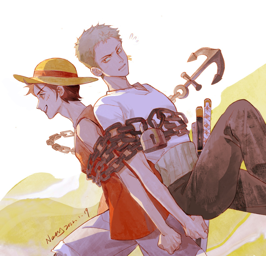 2boys anchor back-to-back black_hair bound chain clenched_hand flying_sweatdrops hat highres katana lock male_focus monkey_d._luffy multiple_boys noey_nuoyi one_piece pants red_shirt roronoa_zoro scar scar_on_face shirt short_hair simple_background sleeveless smile sun_hat sword weapon white_shirt yaoi yellow_headwear