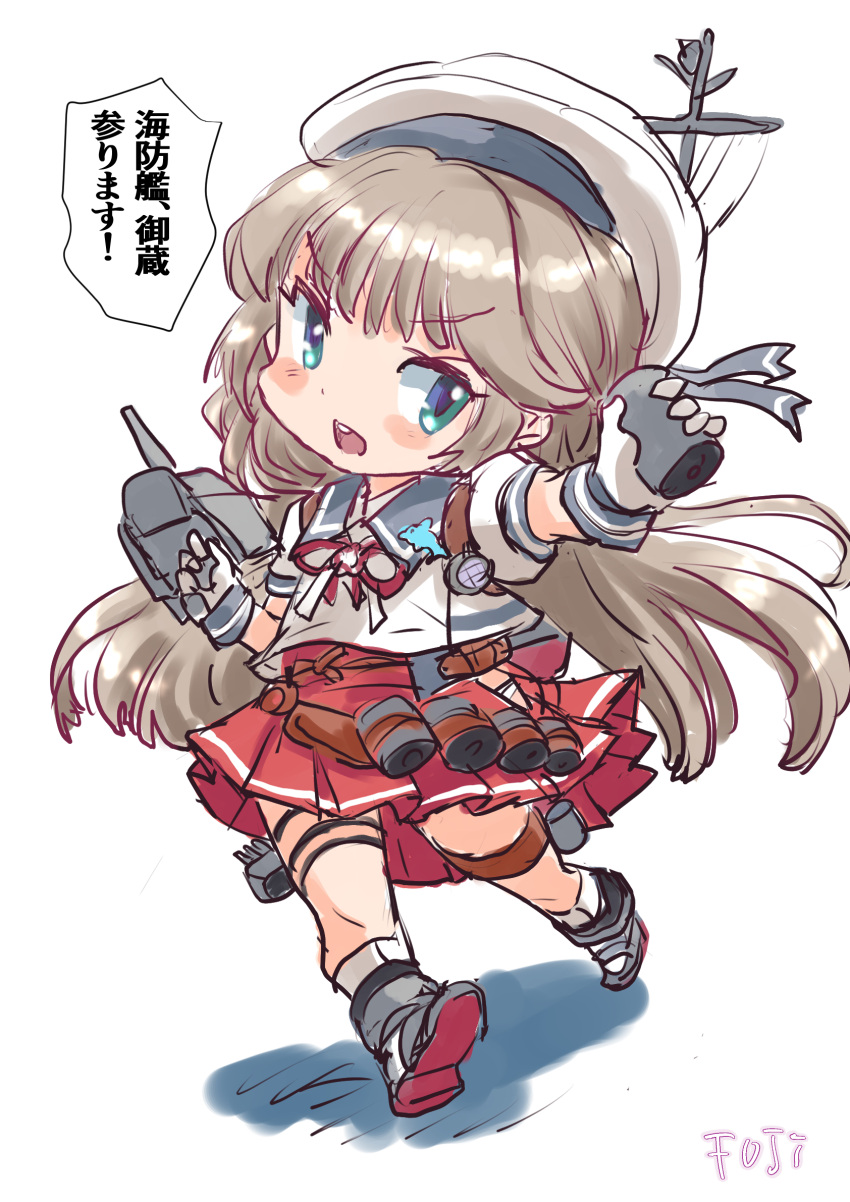 1girl adapted_turret blue_sailor_collar cannon chibi commentary_request depth_charge fuji_(pixiv24804665) full_body gloves green_eyes grey_hair hat highres hip_vent kantai_collection long_hair low_twintails machinery mikura_(kancolle) pleated_skirt puffy_short_sleeves puffy_sleeves red_skirt sailor_collar sailor_hat sailor_shirt shirt short_sleeves simple_background skirt smile solo translation_request turret twintails white_background white_gloves white_headwear white_shirt