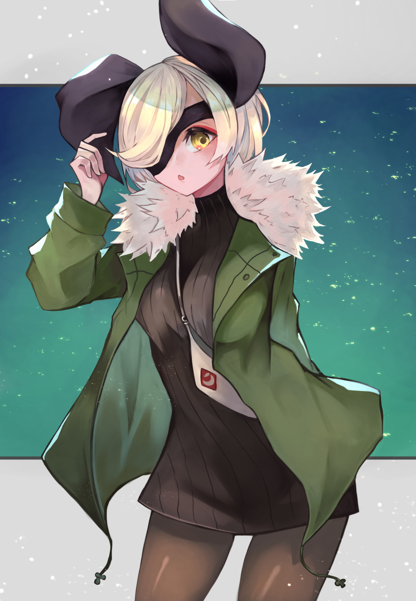 1girl absurdres animal_ears azamaru_(tenka_hyakken) bag bat_ears black_pantyhose black_sweater eyepatch fur_trim green_jacket haru_torimaru highres holding_ear jacket looking_at_viewer official_alternate_costume one_eye_covered open_clothes open_jacket open_mouth pantyhose short_hair solo sweater tenka_hyakken white_hair yellow_eyes