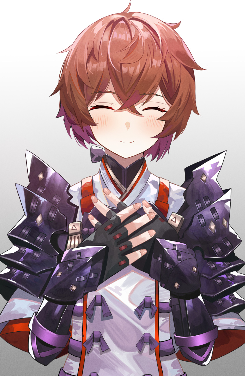 1girl absurdres armor brown_hair closed_eyes fingerless_gloves fingernails gloves gradient_background hands_on_own_chest highres liangyimo lora_(xenoblade) pauldrons shoulder_armor smile xenoblade_chronicles_(series) xenoblade_chronicles_2 xenoblade_chronicles_2:_torna_-_the_golden_country