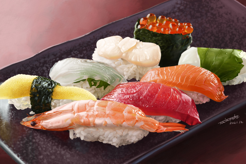 absurdres dated fish_(food) food food_focus highres ikura_(food) leaf no_humans original plate rice sashimi signature sushi tainosuke