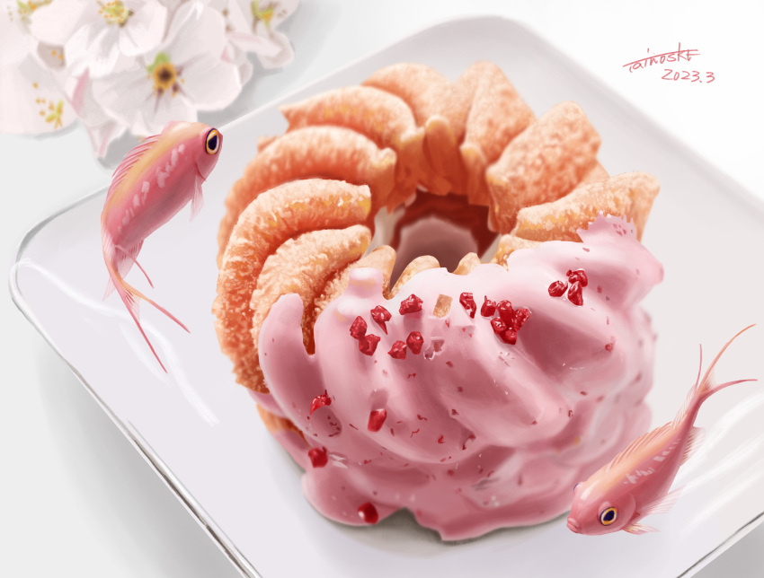 absurdres anthias_(fish) dated doughnut fish flower food food_focus highres icing no_humans original plate shadow signature surreal tainosuke white_background white_flower